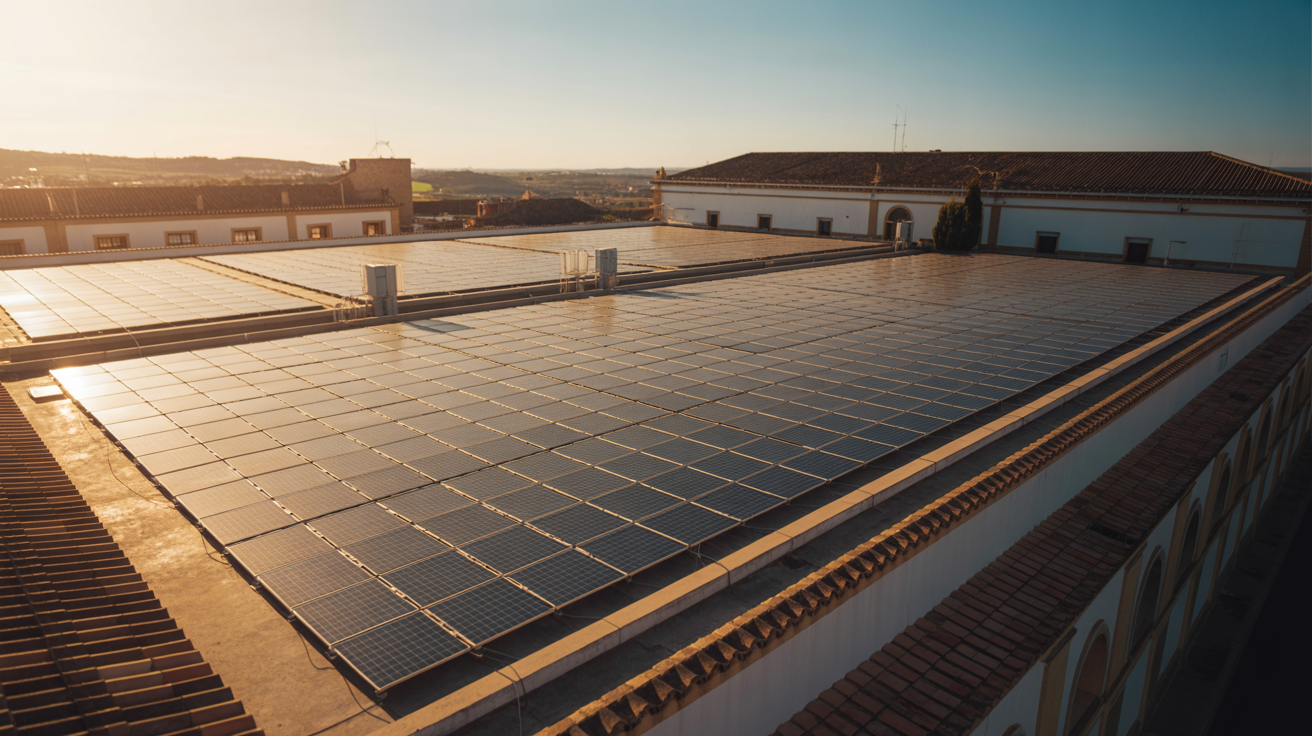 Aerial view of commercial building with solar panels installed